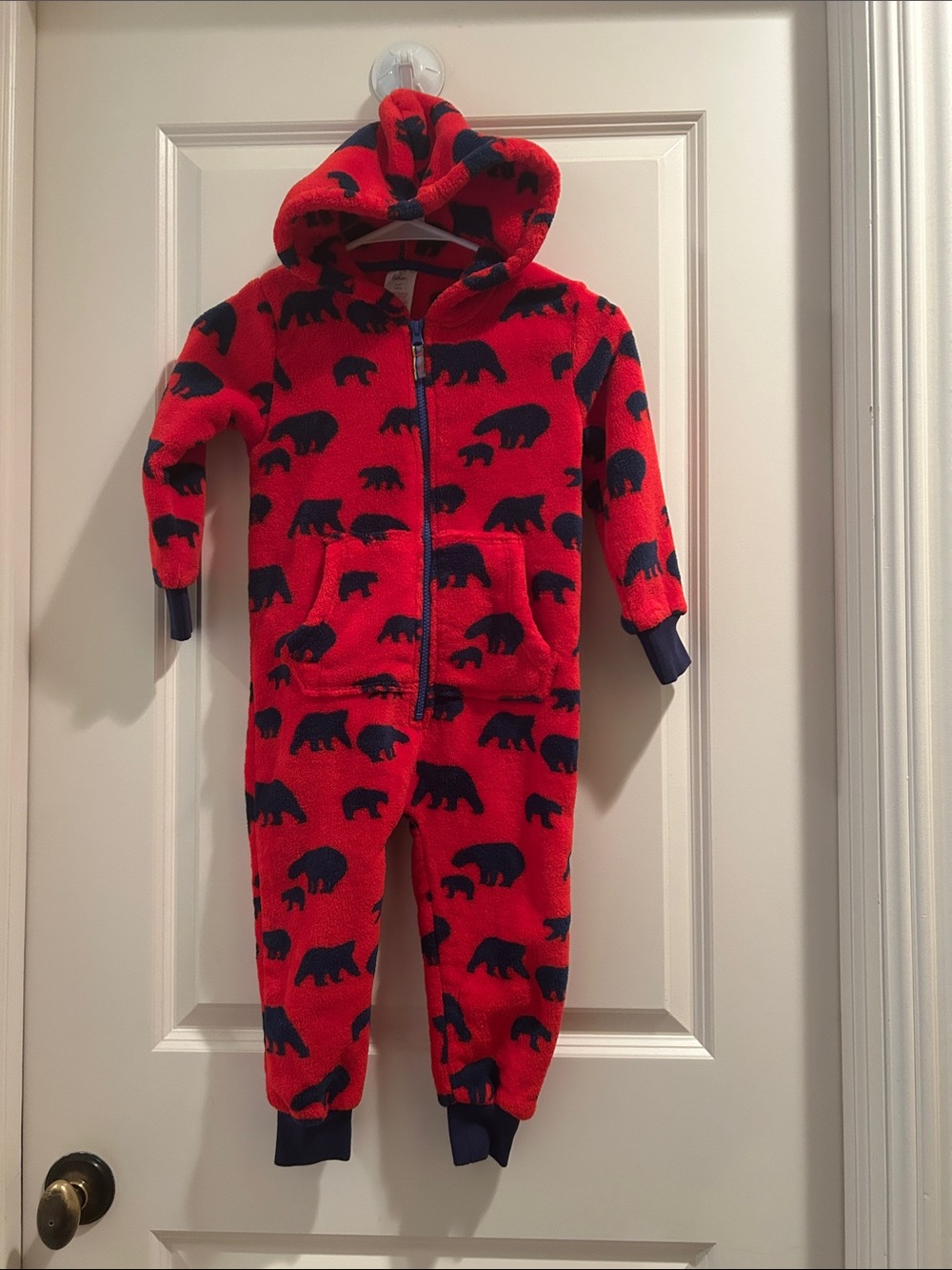 Boden Cozy Fleece ZipUp 1-Piece Bear Print Hoodie kangaroo pouch pajama size4-5Y